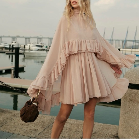 Commense Set: Pink Sheer Chiffon Cape & Semi-Sheer Ruffle Mini Dress NWT - Picture 2 of 14